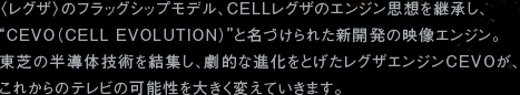〈レグザ〉のフラッグシップモデル、CELLレグザのエンジン思想を継承し、“CEVO（CELL EVOLUTION）”と名づけられた新開発の映像エンジン。東芝の半導体技術を結集し、劇的な進化をとげたレグザエンジンCEVOが、これからのテレビの可能性を大きく変えていきます。