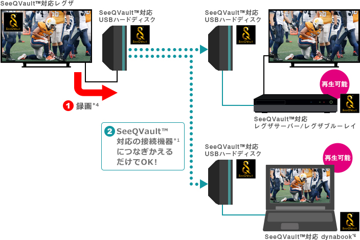 「録画したSeeQVault™対応USBハードディスクをSeeQVault™対応の接続機器につないですぐ再生」 : イメージ