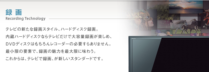 録画 Recording Technology -- テレビの新しい録画スタイル、ハードディスク録画。内蔵ハードディスクならテレビだけで大容量録画が楽しめ、DVDディスクはもちろんレコーダーの必要すらありません。最小限の要素で、録画の魅力を最大限に味わう。これからは、テレビで録画、が新しいスタンダードです。