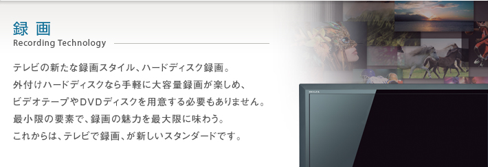 録画 Recording Technology -- テレビの新たな録画スタイル、ハードディスク録画。外付けハードディスクなら手軽に大容量録画が楽しめ、ビデオテープやDVDディスクを用意する必要もありません。最小限の要素で、録画の魅力を最大限に味わう。これからは、テレビで録画、が新しいスタンダードです。