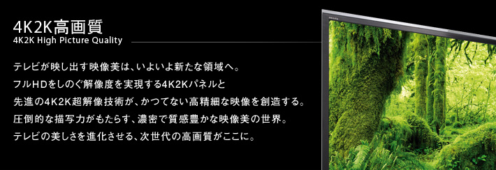 4倍画素QFHD高画質 QFHD High Picture Quality -- テレビが映し出す映像美は、いよいよ新たな領域へ。フルHDをしのぐ解像度を実現する4倍画素QFHDパネルと先進のQFHD超解像技術が、かつてない高精細な映像を創造する。圧倒的な描写力がもたらす、濃密で質感豊かな映像美の世界。テレビの美しさを進化させる、次世代の高画質がここに。