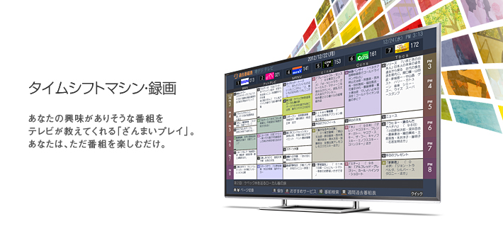 タイムシフトマシン・録画 -- あなたの興味がありそうな番組をテレビが教えてくれる「ざんまいプレイ」。あなたは、ただ番組を楽しむだけ。