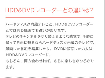 �g�c�c���c�u�c���R�[�_�[�Ƃ̈Ⴂ�́H�n�[�h�f�B�X�N�����e���r�ƁA�g�c�c���c�u�c���R�[�_�[�Ƃł͓����^��ł��Ⴂ������܂��B�e���r�̃`�����l����؂�ւ���悤�Ȋ��o�ŁA��y�ɘ^���Ď��R�Ɋς�Ȃ�n�[�h�f�B�X�N�����̃e���r�ŁB�^�悵���ԑg��ҏW������A�c�u�c�ɕۑ��������l�́A�g�c�c���c�u�c���R�[�_�[�ɁB�������A�������킹��΁A����Ɋy�������Ђ낪��܂��B