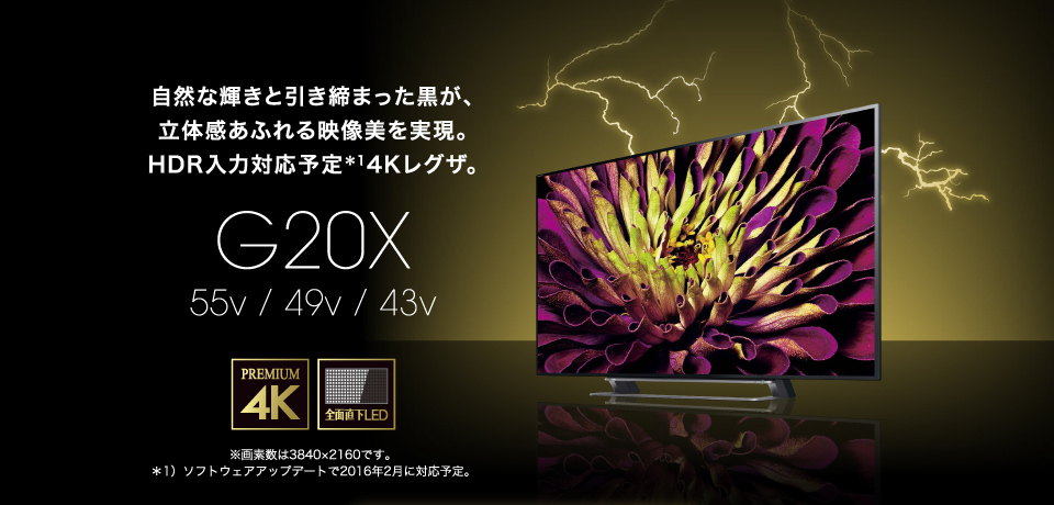 自然な輝きと引き締まった黒が、立体感あふれる映像美を実現。HDR入力対応予定＊1 4Kレグザ。 G20X 55v/49/43v